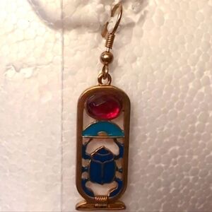 Gold Toned Egyptian Themed Blue Enameled Scarab and Detailing With Red Focus